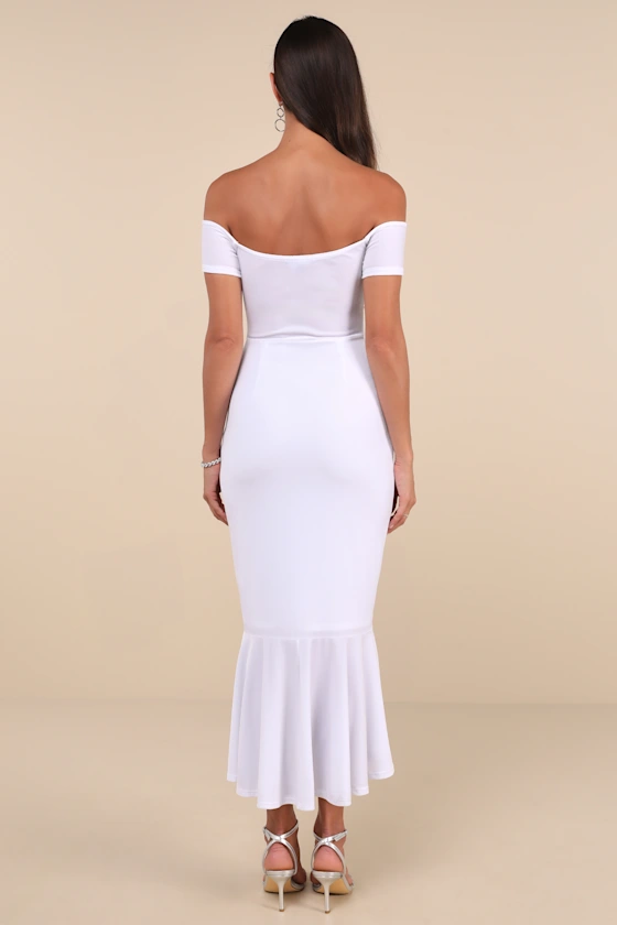 How Much I Care White Velvet Off-the-Shoulder Midi Dress