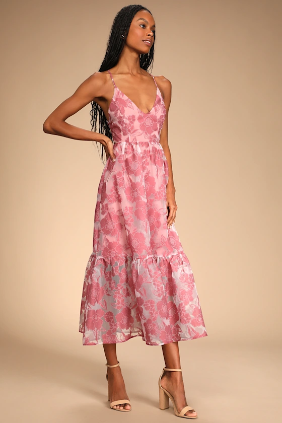 Feeling Like Forever Rose Jacquard Organza Lace-Up Midi Dress