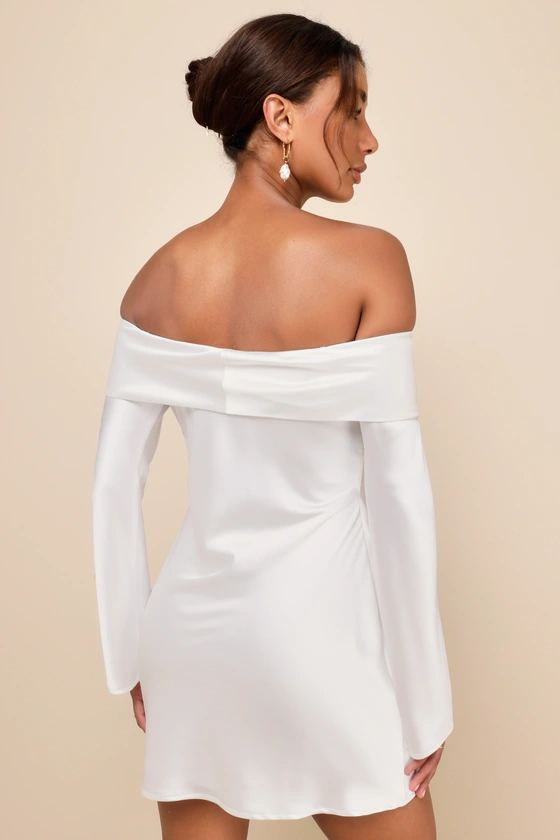 Luxurious Vision White Satin Off-the-Shoulder Mini Dress
