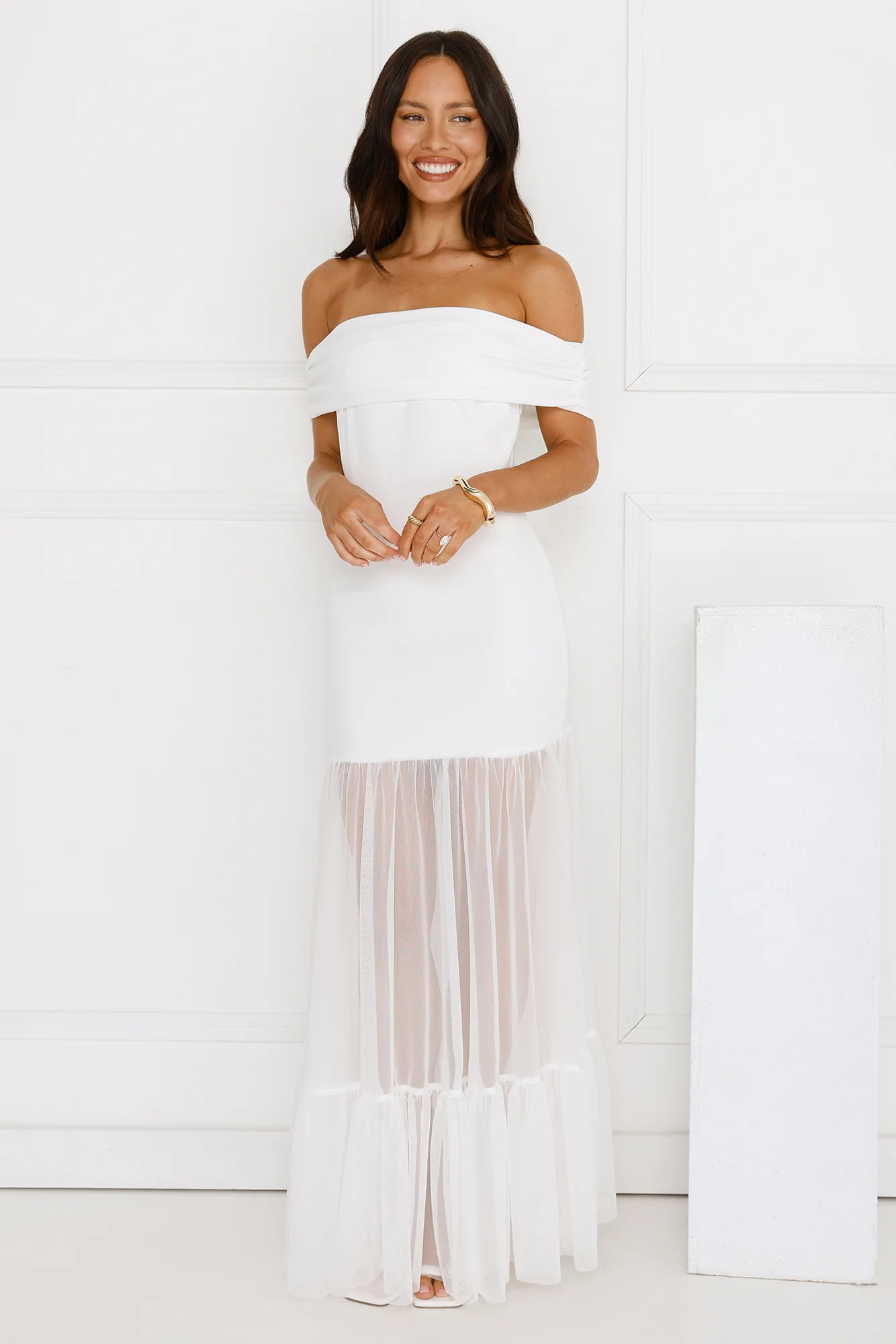 Moonbeam Reverie Off Shoulder Maxi Dress White