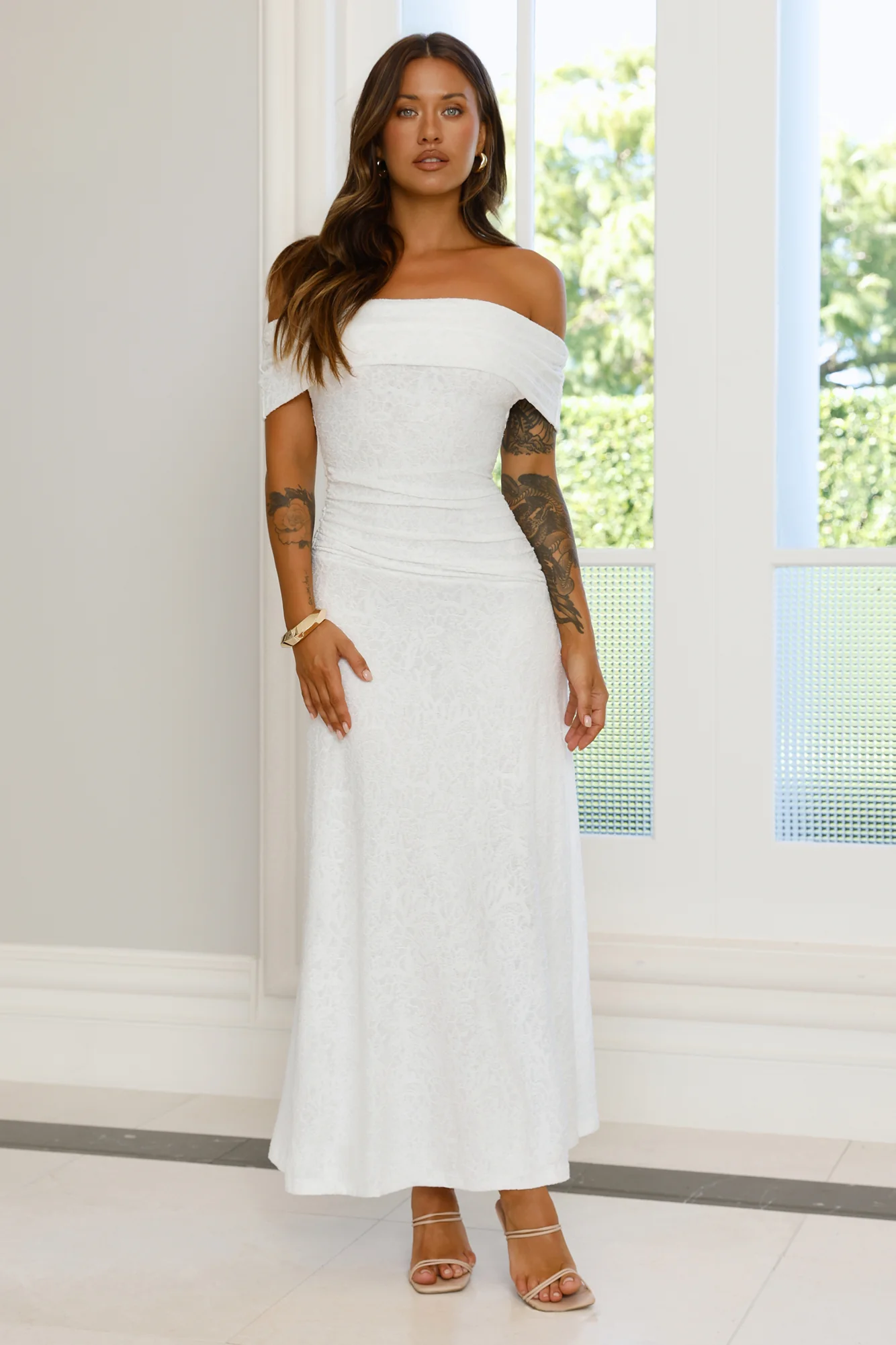 First Class Finish Off Shoulder Maxi Dress Cream