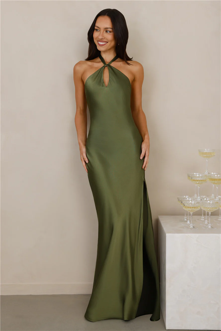 The Delilah Satin Halter Maxi Dress Olive