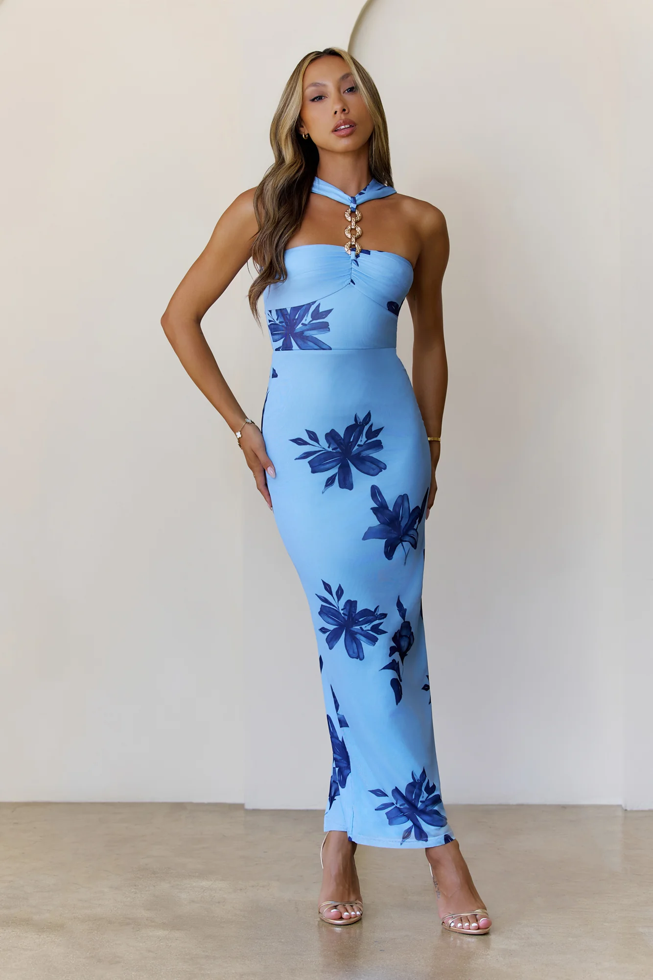 Gilded Mirage Mesh Maxi Dress Blue
