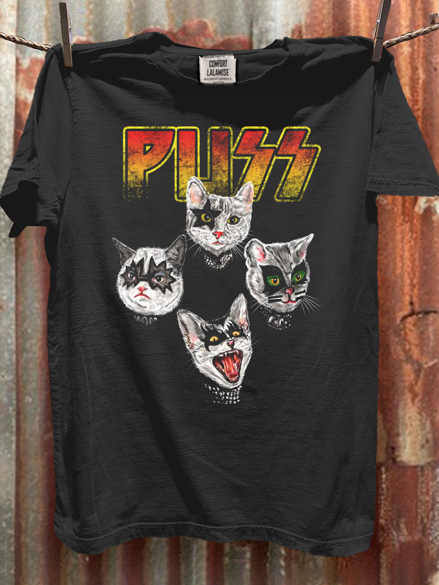 Funny Punk Cat Art Print Casaul Short Sleeve T-shirt