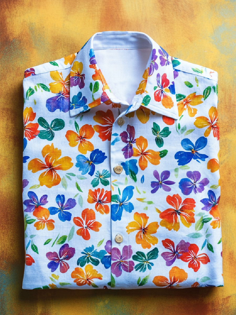 Rainbow Floral Art Print Casual Short Sleeve Button-Down Shirt