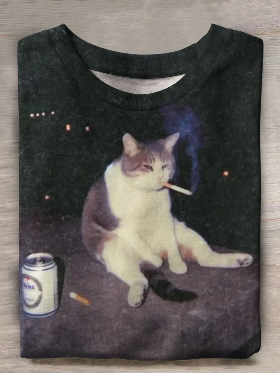 Cat Smoking Print Casual T-shirt