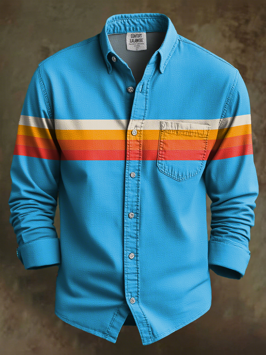 Light Blue Orange Gradient Stripes Print 100% Cotton Long Sleeve Shirt