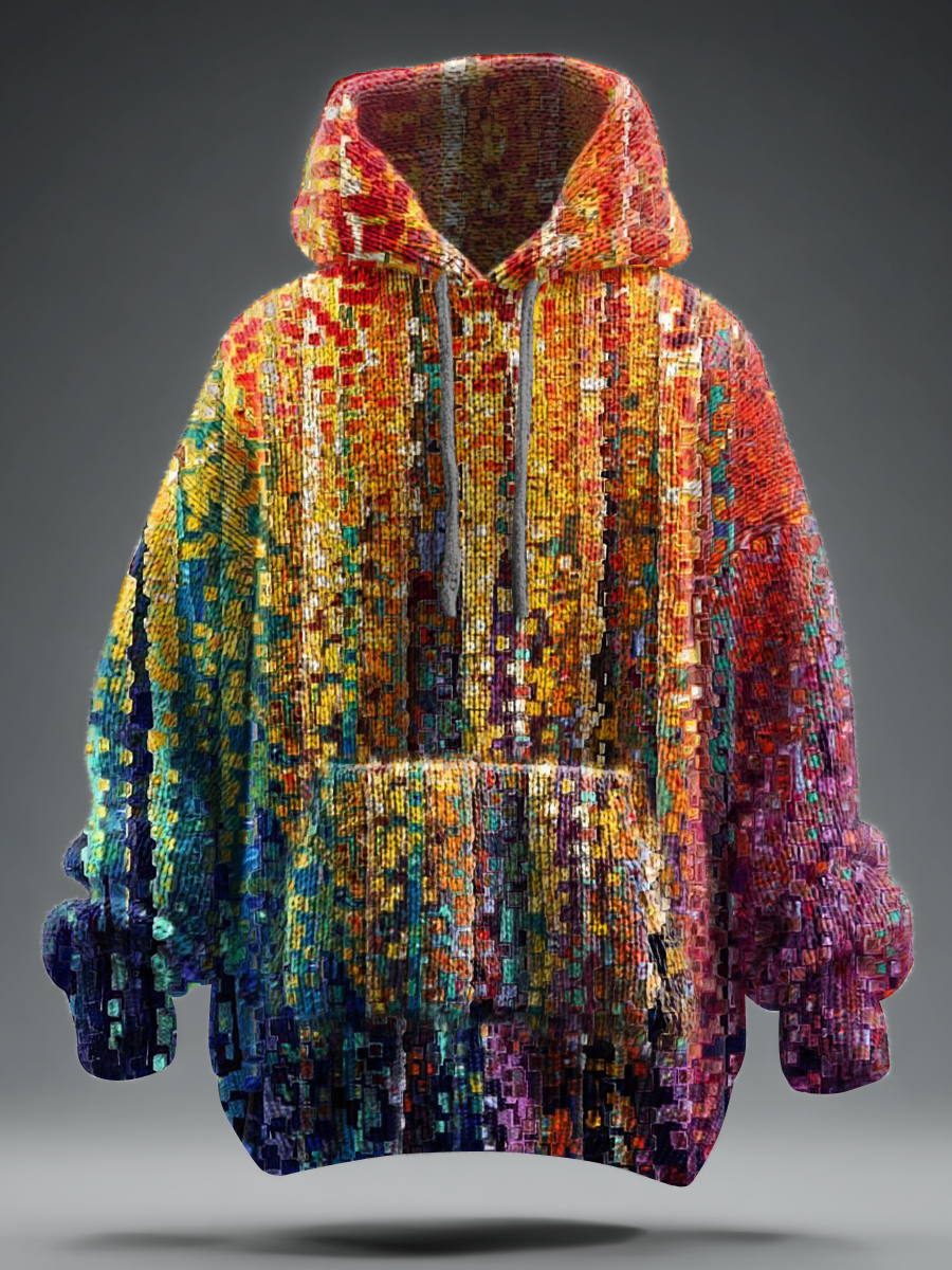 Retro Multicolor Art Print Print Knit Pullover Hooded Sweater