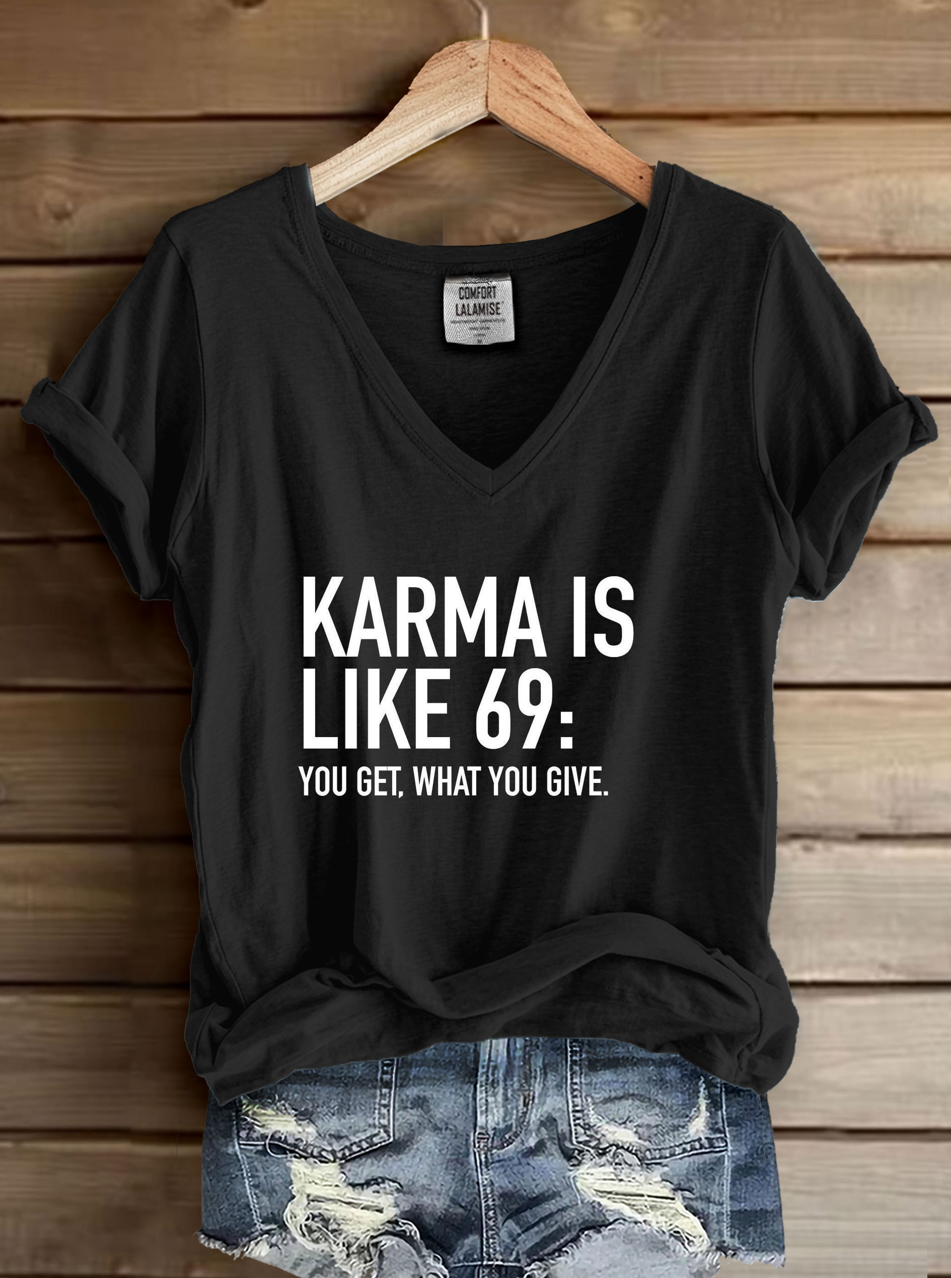 Karma Letter Print V-neck Casual T-Shirt