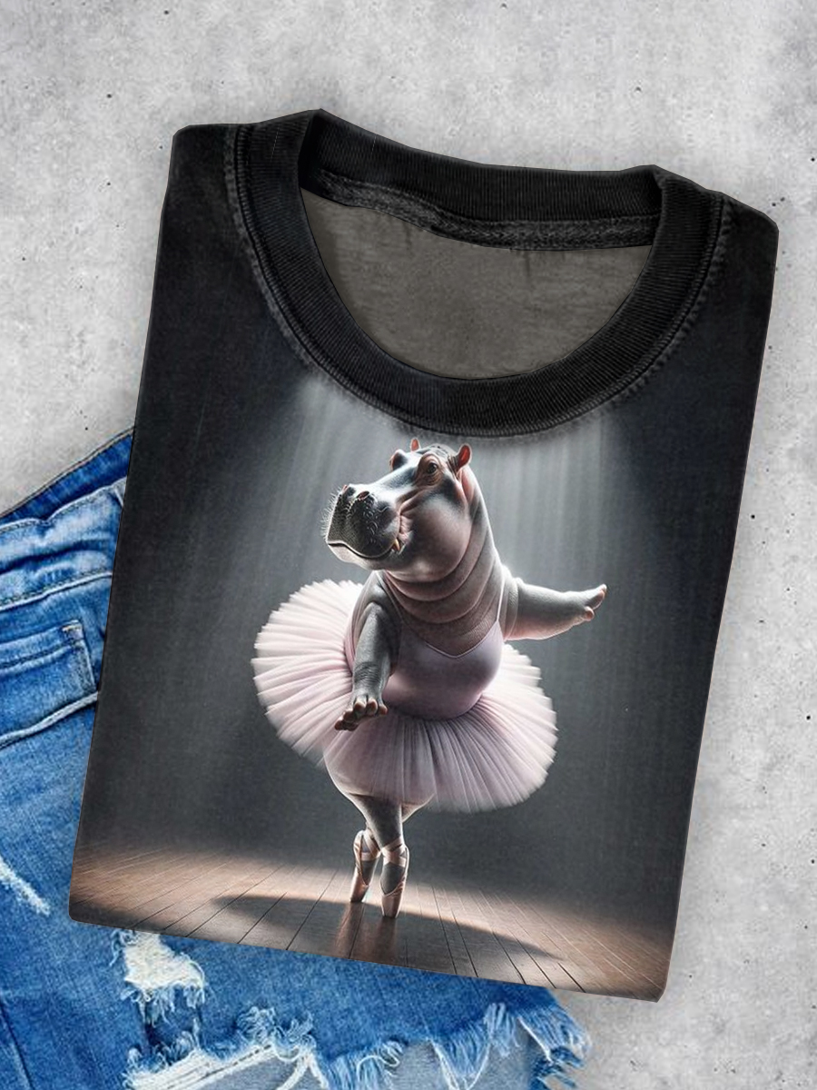 Women's Cute Hippo Art Illustration Printed Casual Short Sleeve T-Shirt