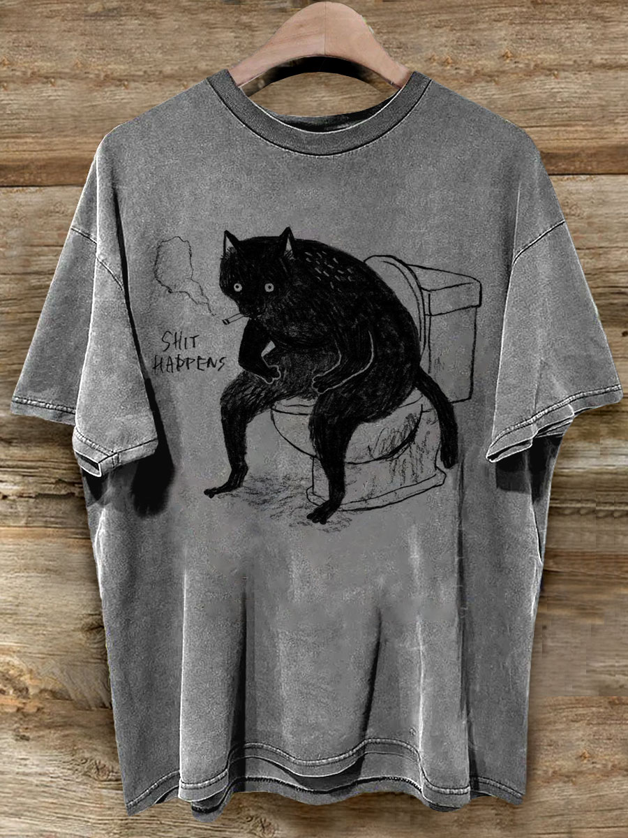 Shit Happen Funny Smoking Cat Art Casaul Short Sleeve T-shirt