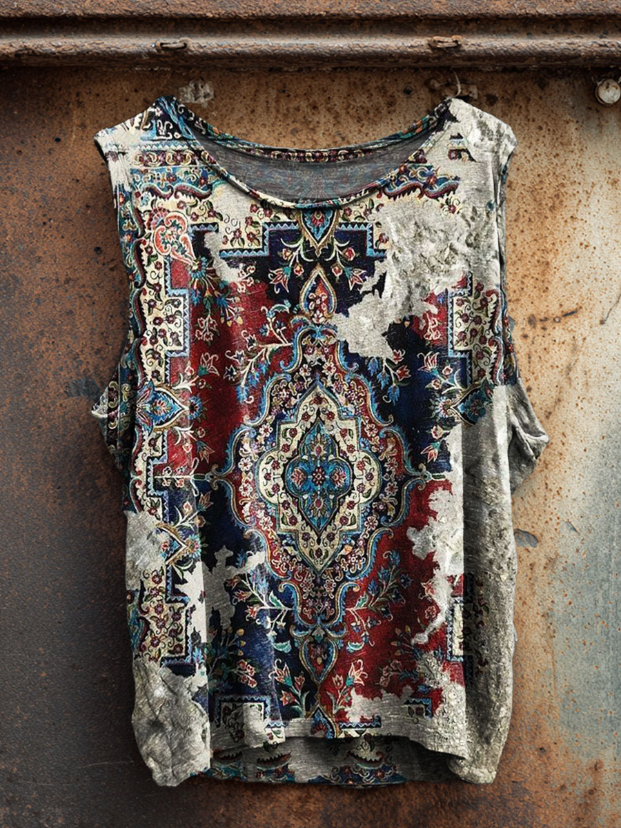 Vintage Flowers Print 100% Cotton Casual Tank Top