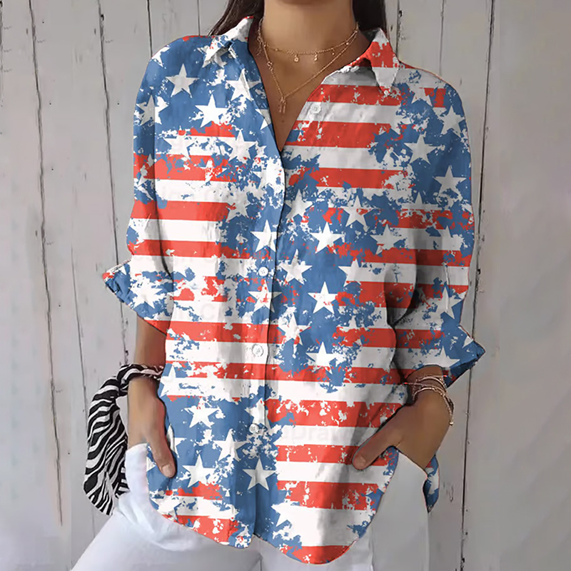Women's Independence Day Vintage Flag Print Casual Shirt