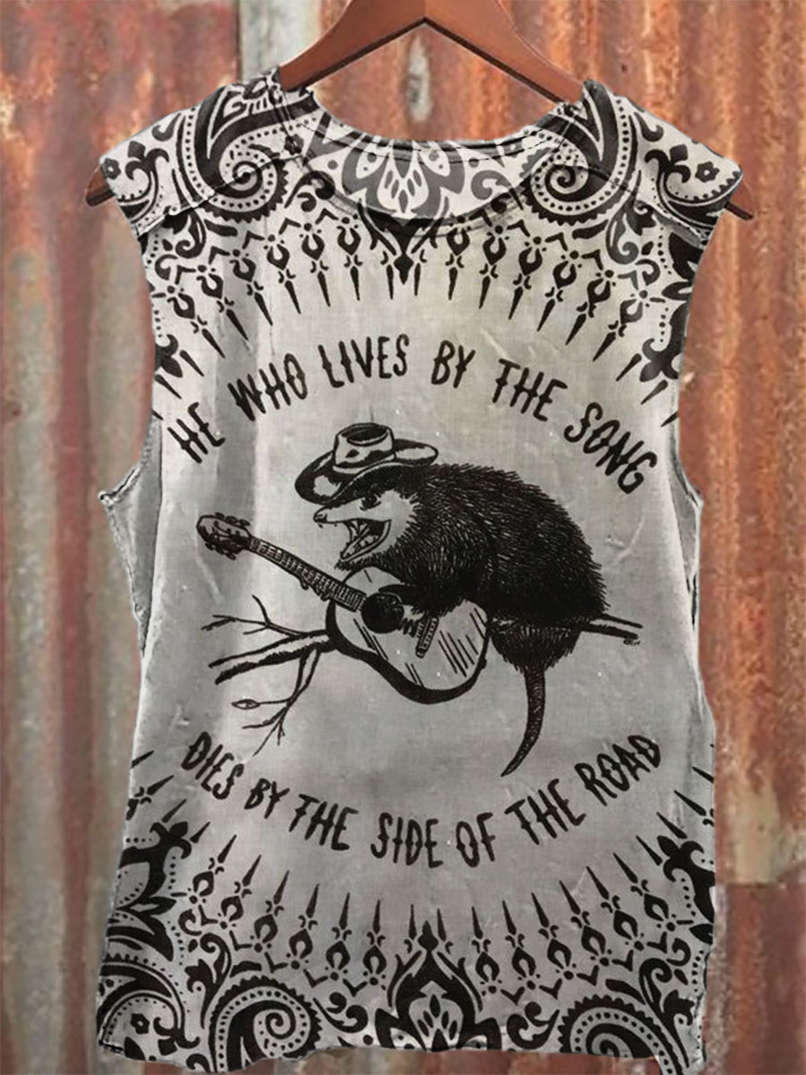 Vintage Music Print 100% Cotton Casual Tank Top