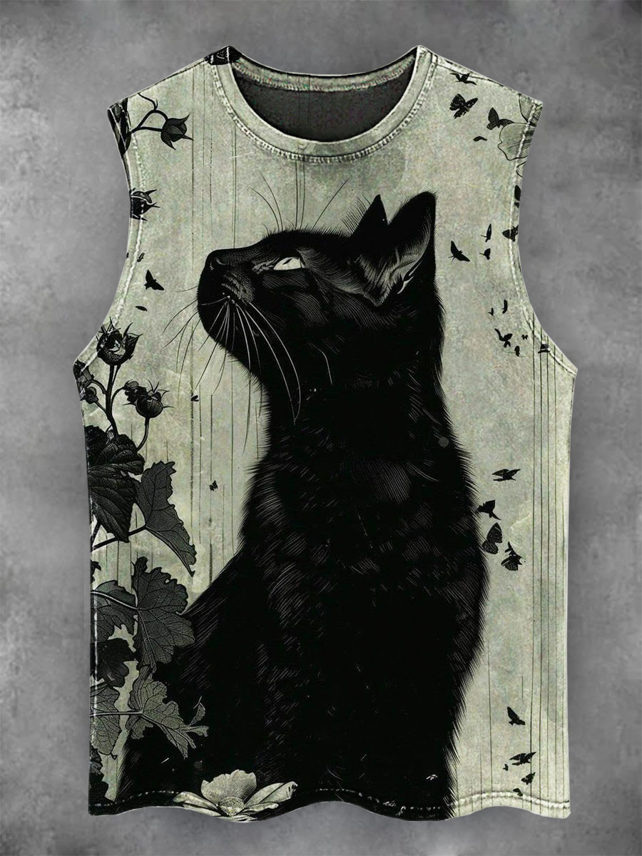 Dark Cat Print Casual Tank Top