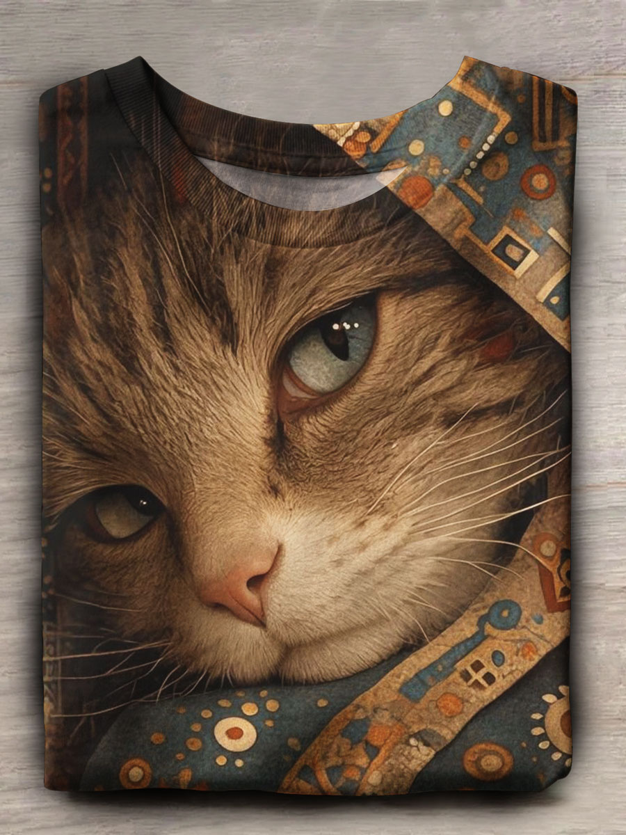 Vintage Cat Prints Casual T-shirt