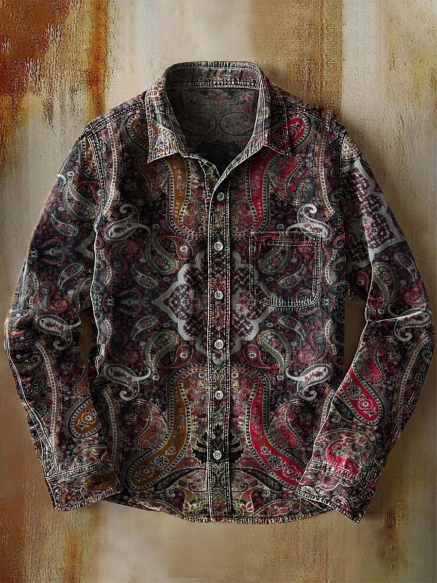 Vintage Paisley Symmetry Art Print 100% Cotton Casual Long Sleeved Denim Shirt