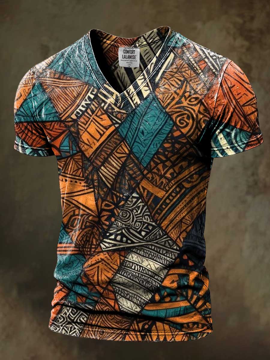 Retro Abstrct Art Print Casaul Short Sleeve V-neck T-shirt