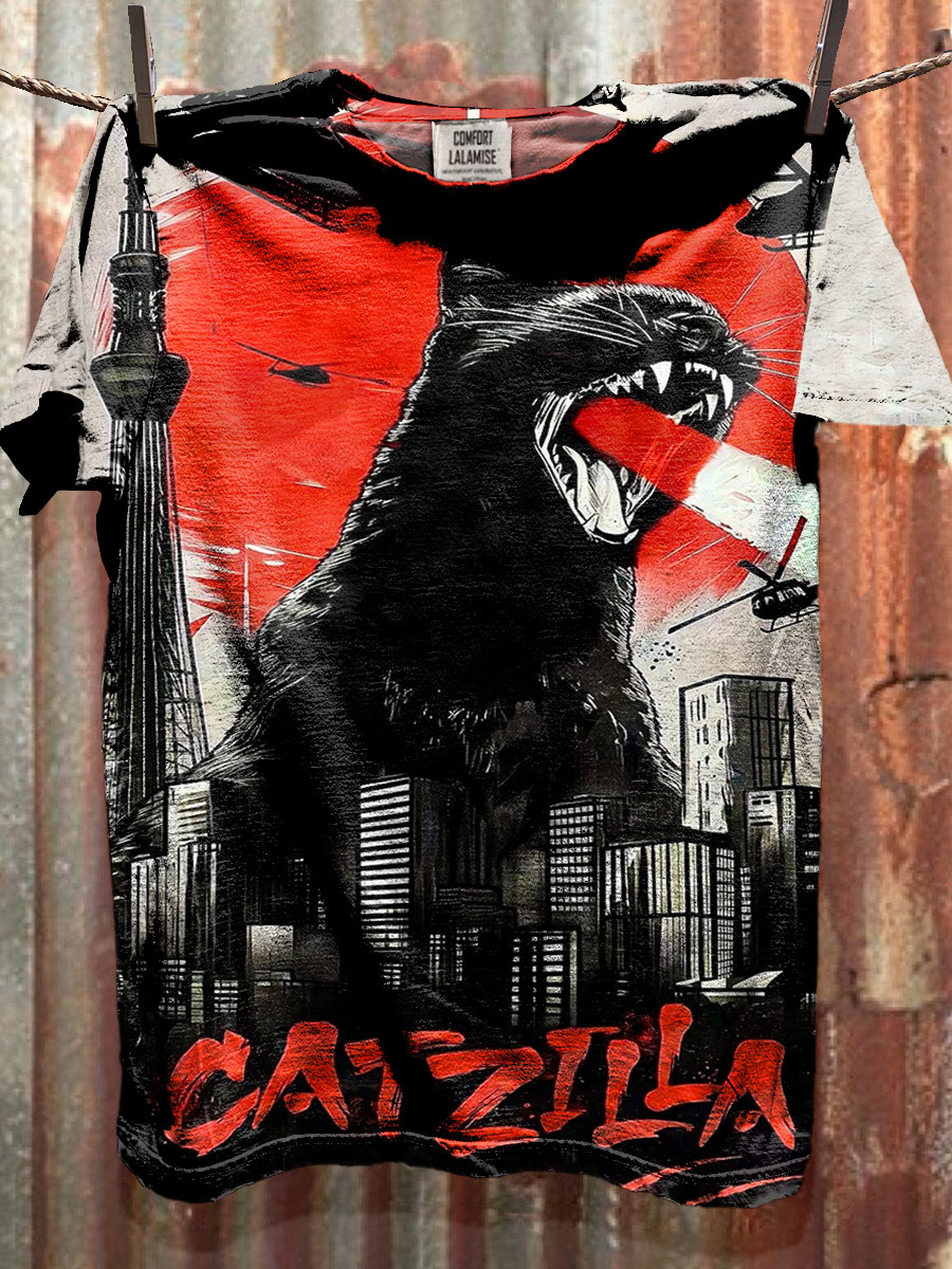 Catzilla Art Print Casaul Short Sleeve T-shirt