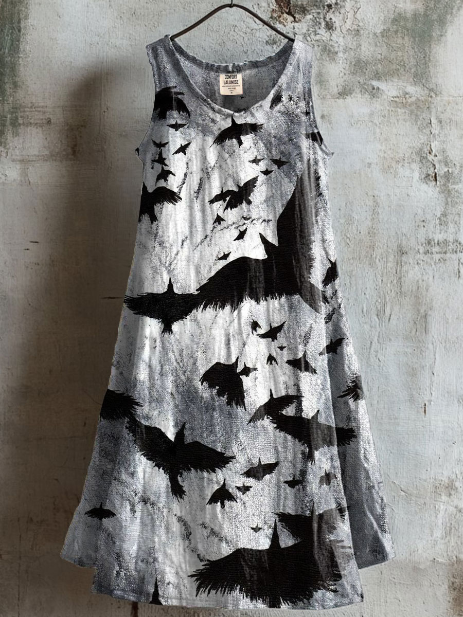 Dark Raven Art Print V-neck Pocket Cotton Dress