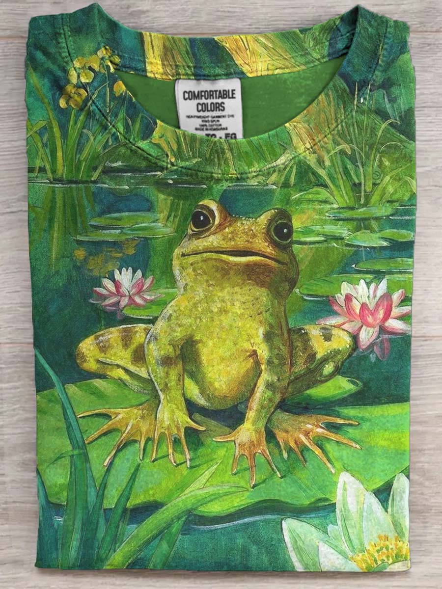Lotus Leaf Floral Frog Abstract Print Casual Short Sleeve T-Shirt