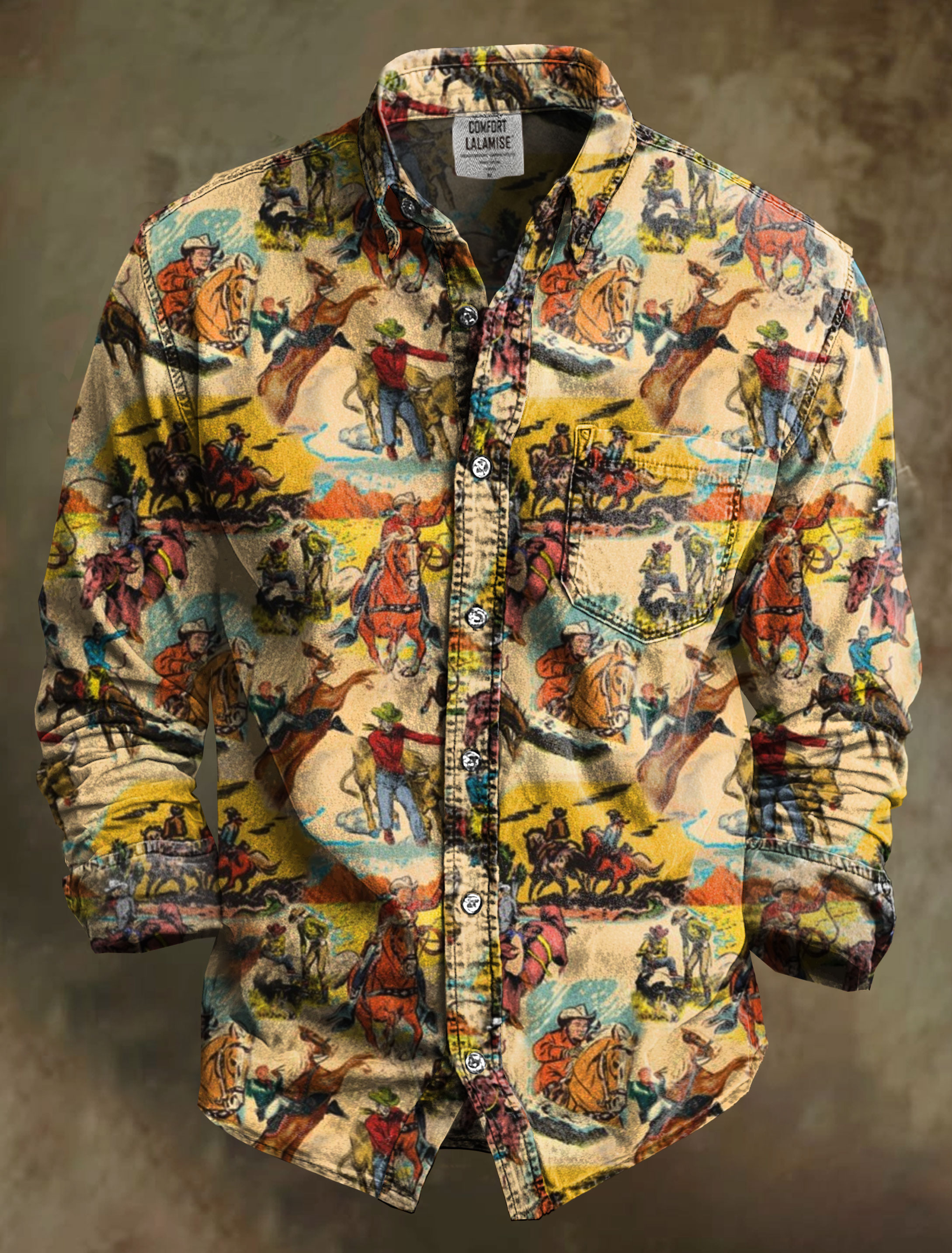 Vintage Cowboy Art Print 100% Cotton Long Sleeve Shirt