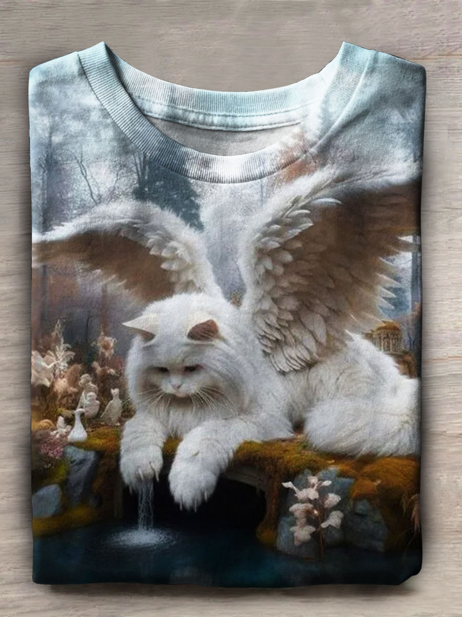 Cat Art Print Casual Short Sleeve Top