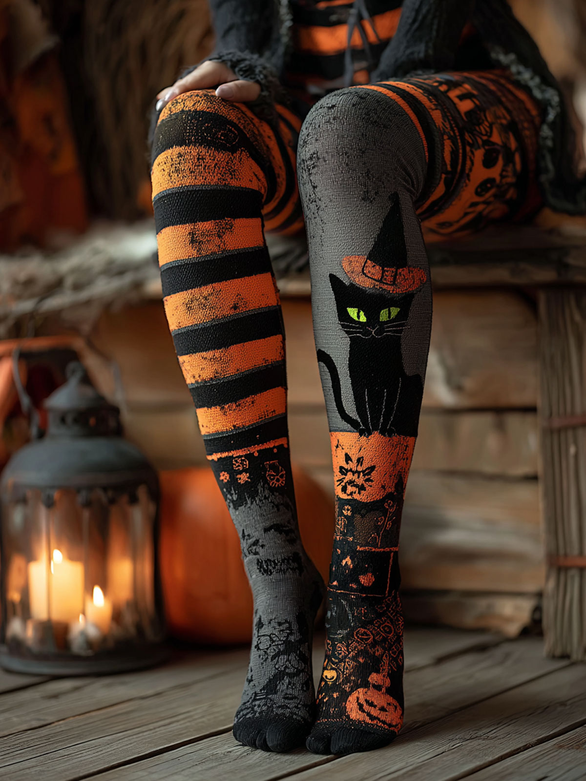 Halloween Cat Stripe Art Print Casual  Leggings