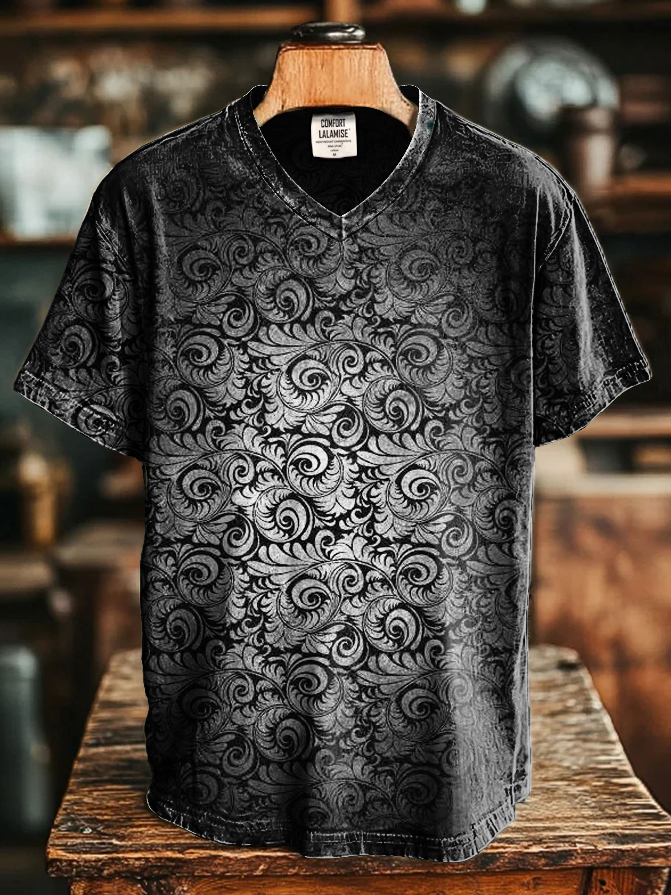 Vintage Gradient Floral Art Print V-neck Casual T-Shirt