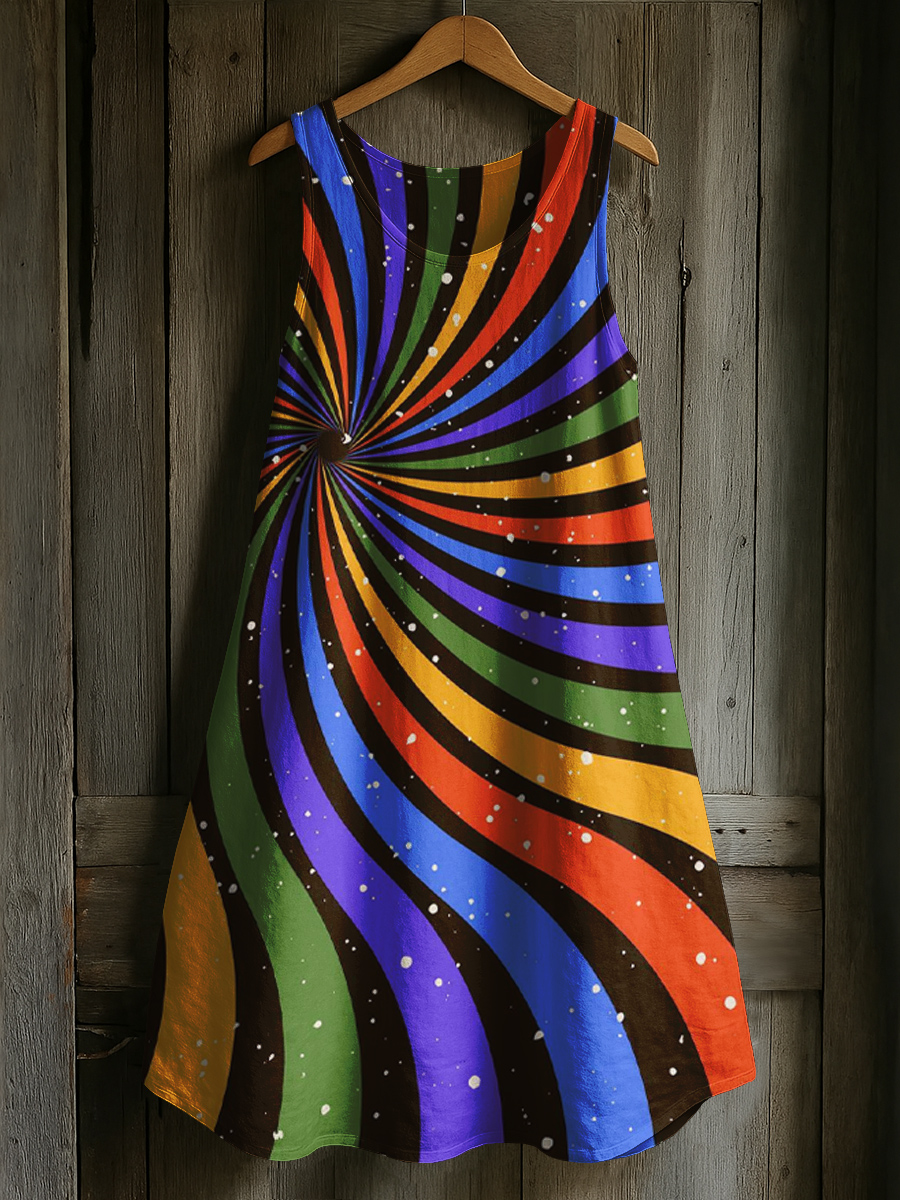 Rainbow Curve Stripe Art Print Casual Tank Dress