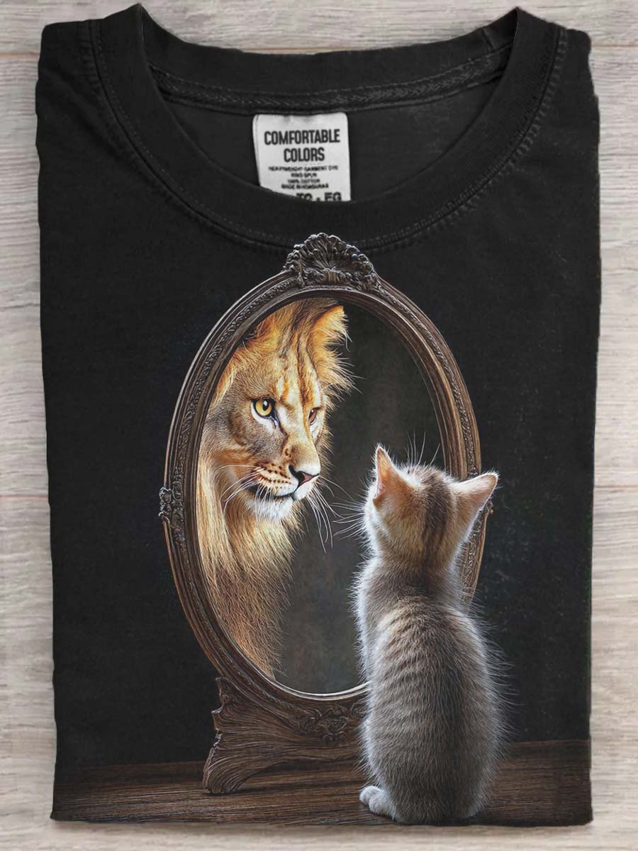 Funny Abstract Cat Lion Print Casual Short Sleeve T-Shirt