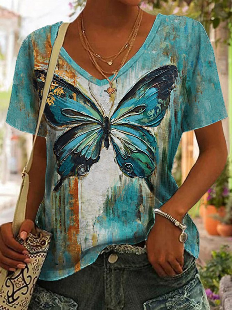 Butterfly Print V-Neck Short Sleeved T-Shirt