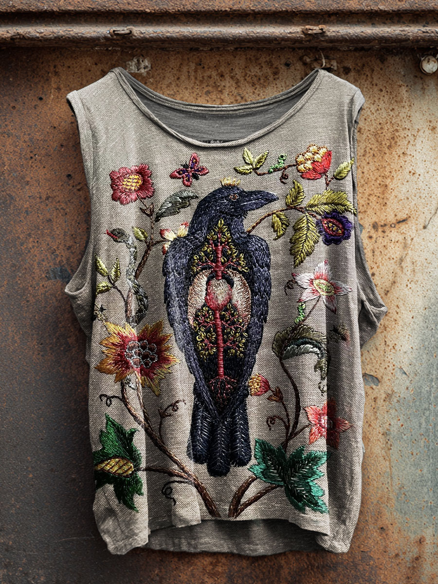 Vintage Halloween Crow Art Print 100% Cotton Casual Tank Top