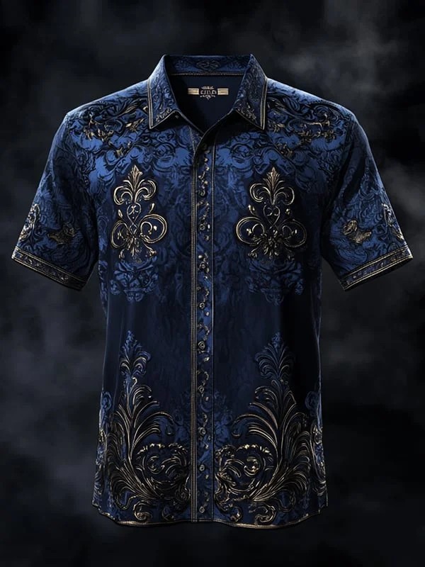 Vintage Dark Blue Symmetrical Pattern Print Casual 100% Cotton Shirt