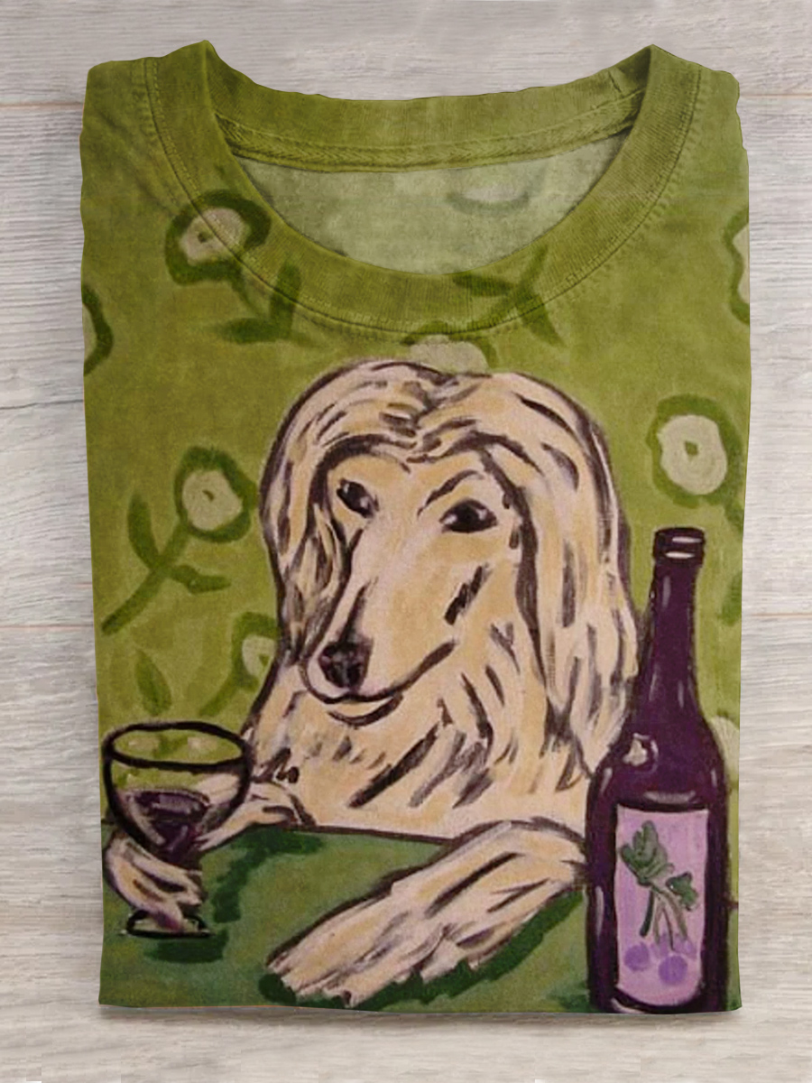 Dog Art Print Crew Neck T-Shirt