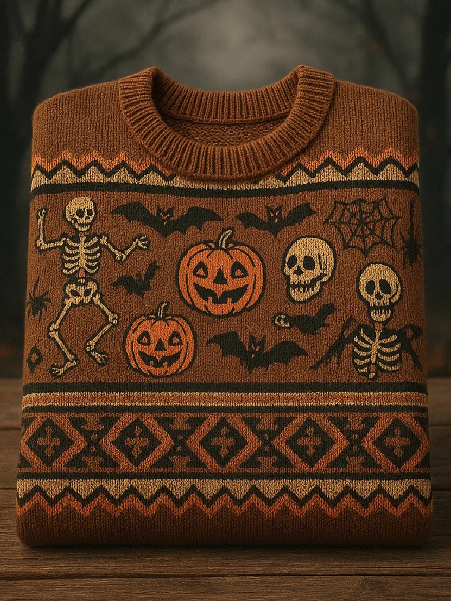 Skull Bat Pumpkin Retro Stripes Halloween Art Print Knit Pullover Sweater