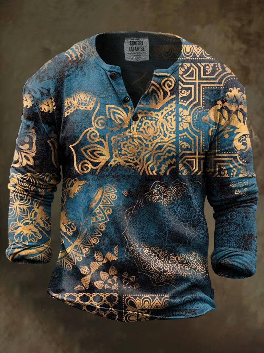 Vintage Mandala Art Print Henley Sweatshirt