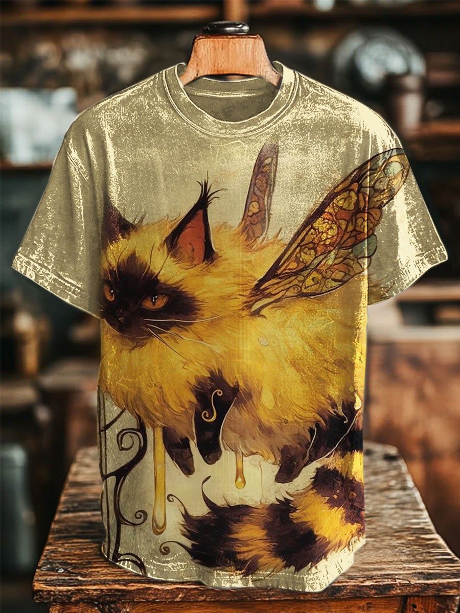 Funny Bee Cat Print Casual T-shirt