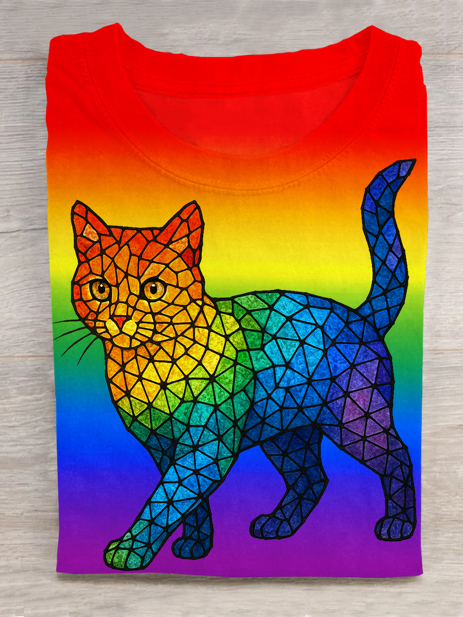 Rainbow Funny Cat Art Print Short Sleeve T-Shirt