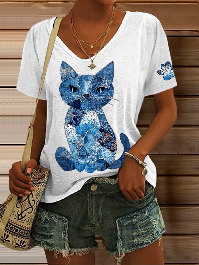 Women's Retro Animal Cat Print V-Neck T-Shirt