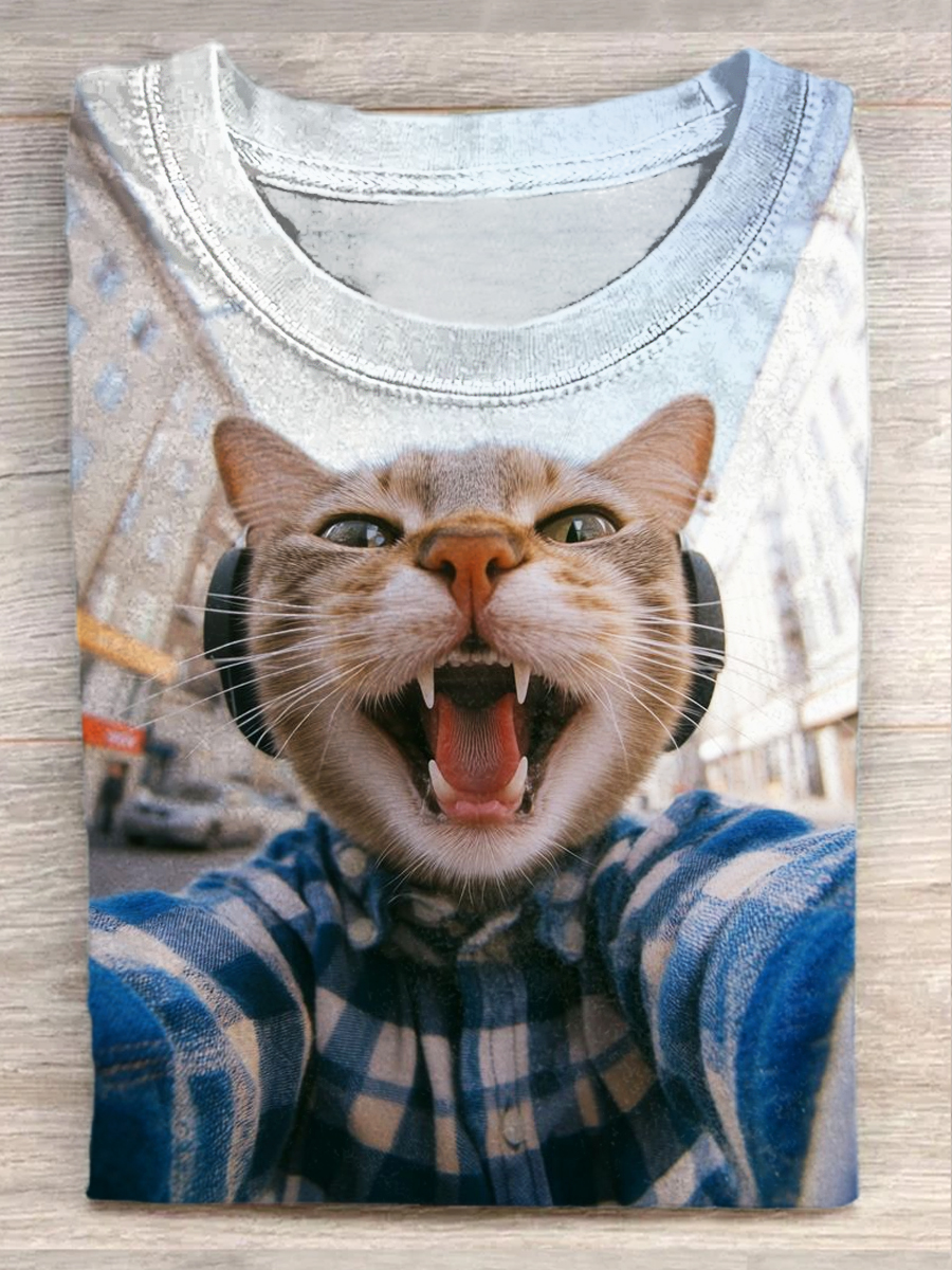Vintage Fun Selfie Cat Art Print Casual Short Sleeve T-Shirt