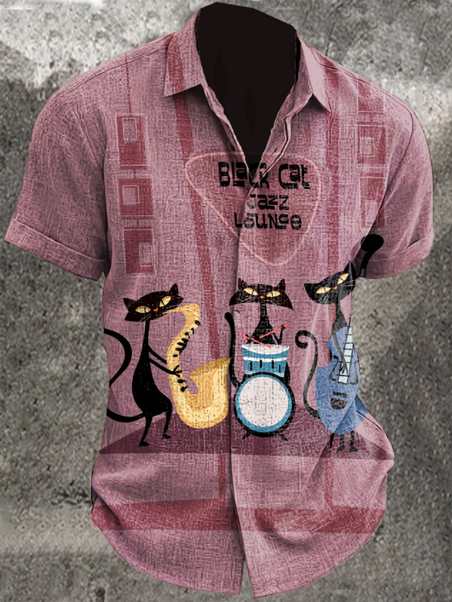 Retro Cat Band Art Print Casual Cotton And Linen Shirt