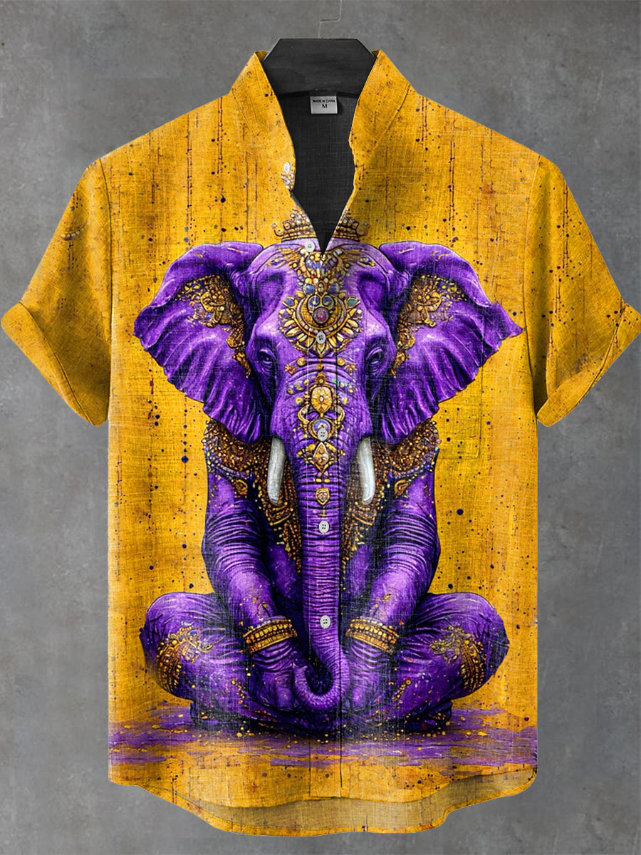 Meditating Elephant Art Print Casual 100% Cotton Shirt