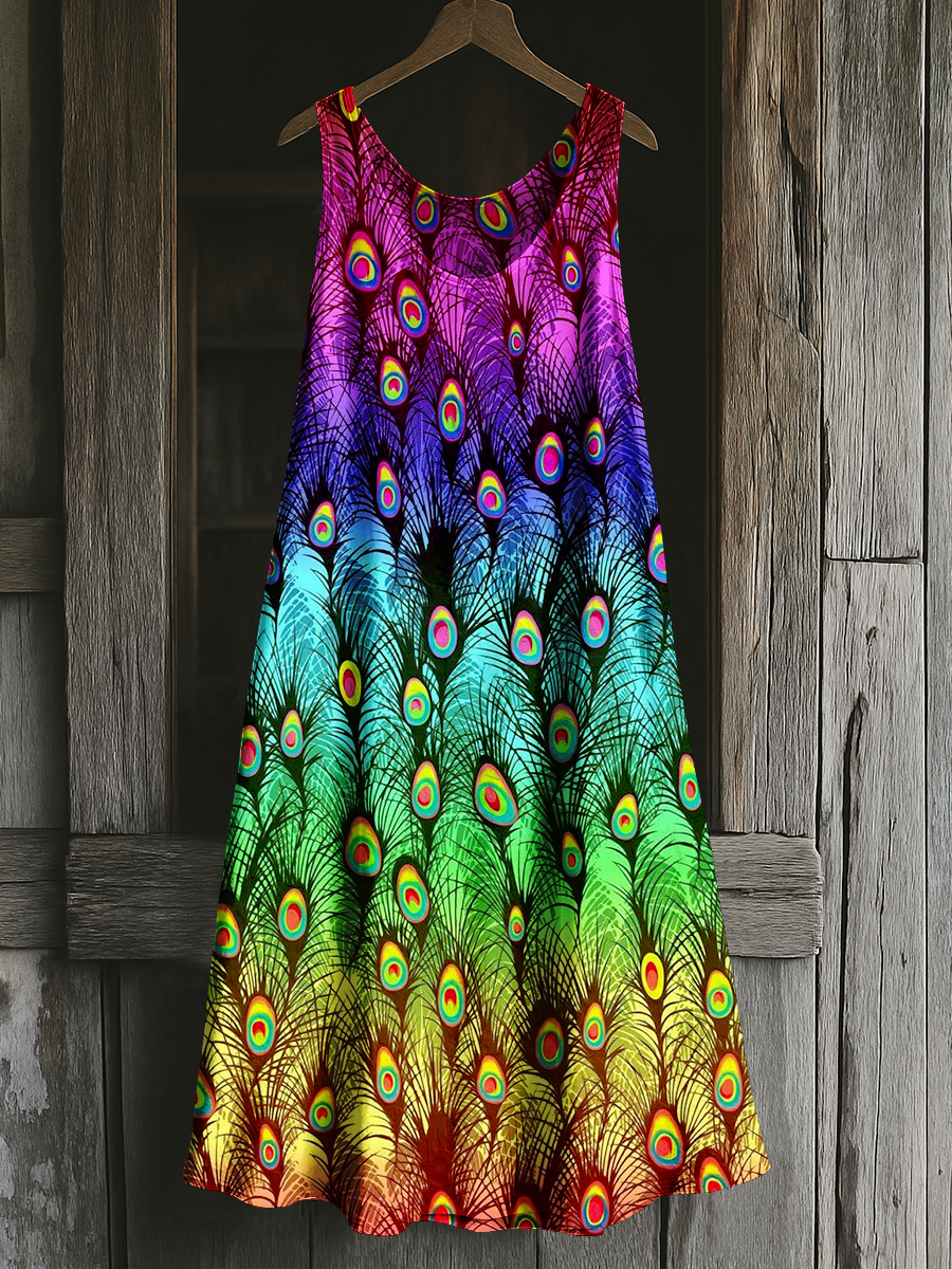 Rainbow Peacock Feather Art Print Casual Tank Dress