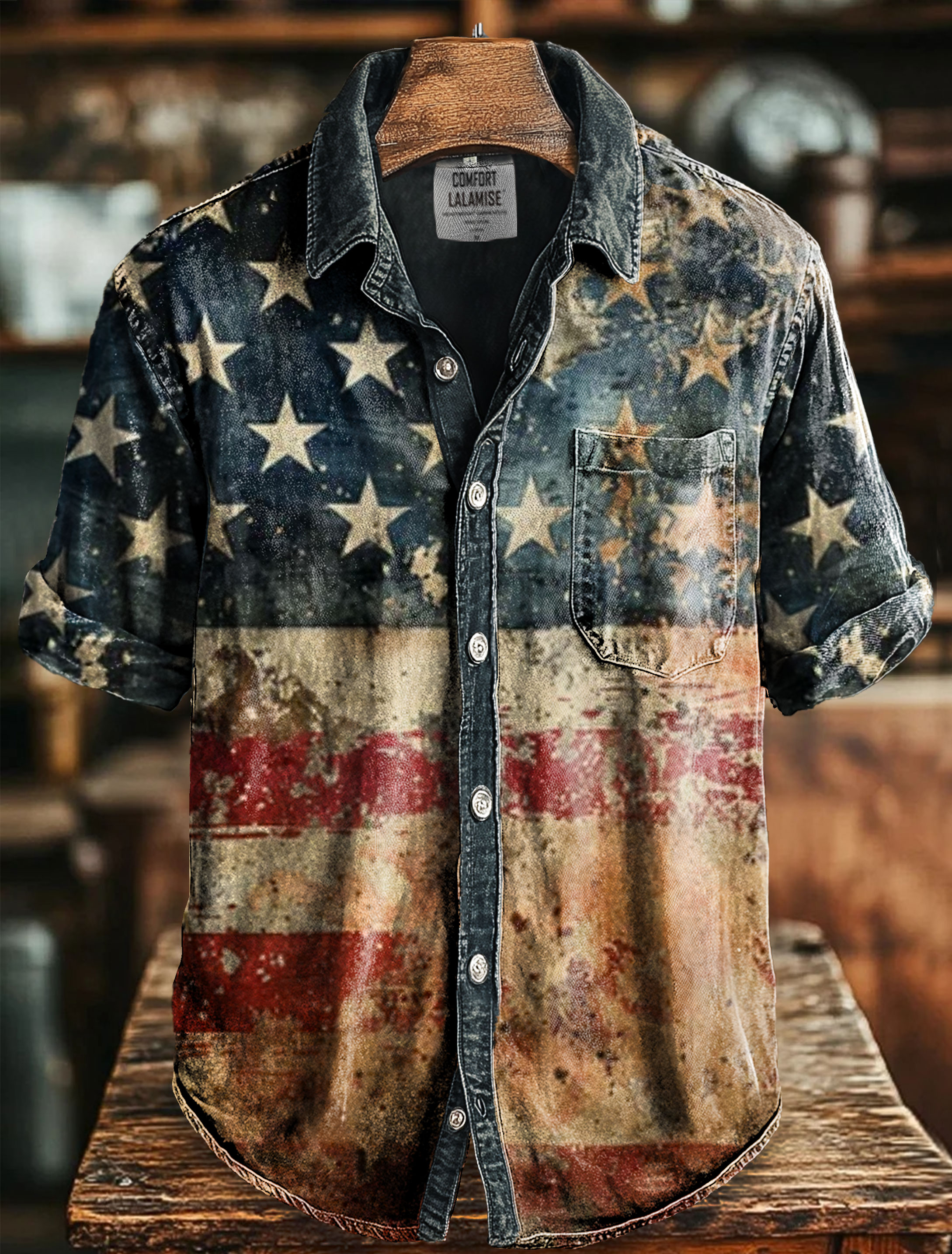 Vintage US Flag Art Print Casual 100% Cotton Shirt