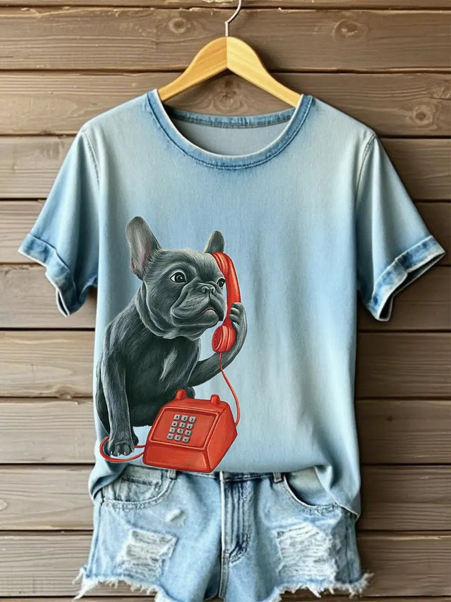 Women's French Bulldog on the phone Printed T-shirts