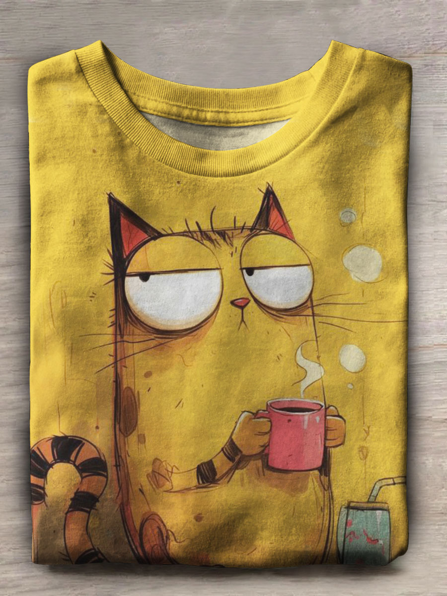 Cat Art Print Casual Short Sleeve Top