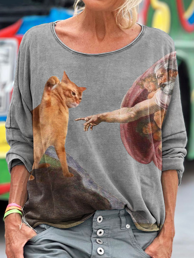 Vintage Funny Cat Art Print Casual Long Sleeve T-shirt