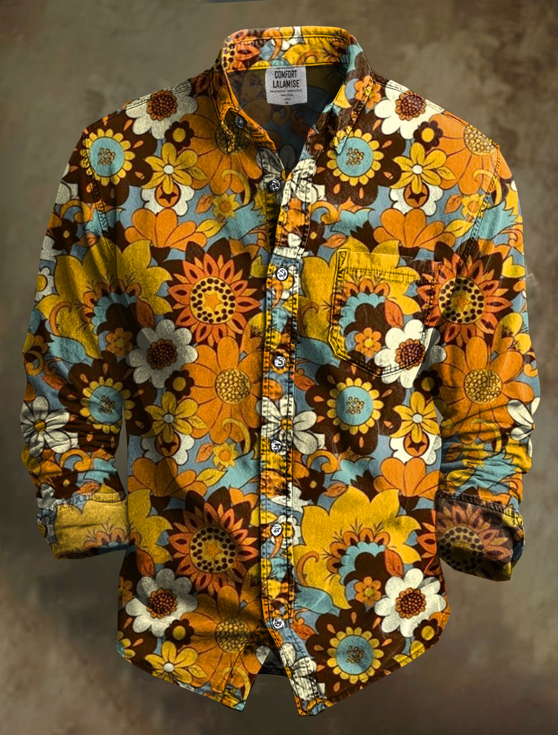 Vintage 1950's Mid Century Flower Art Print 100% Cotton Long Sleeve Shirt