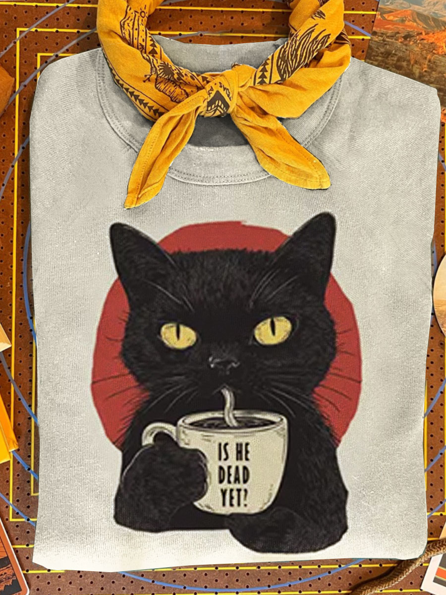 Is He Dead Yet Funny Cat Print Casual T-shirt